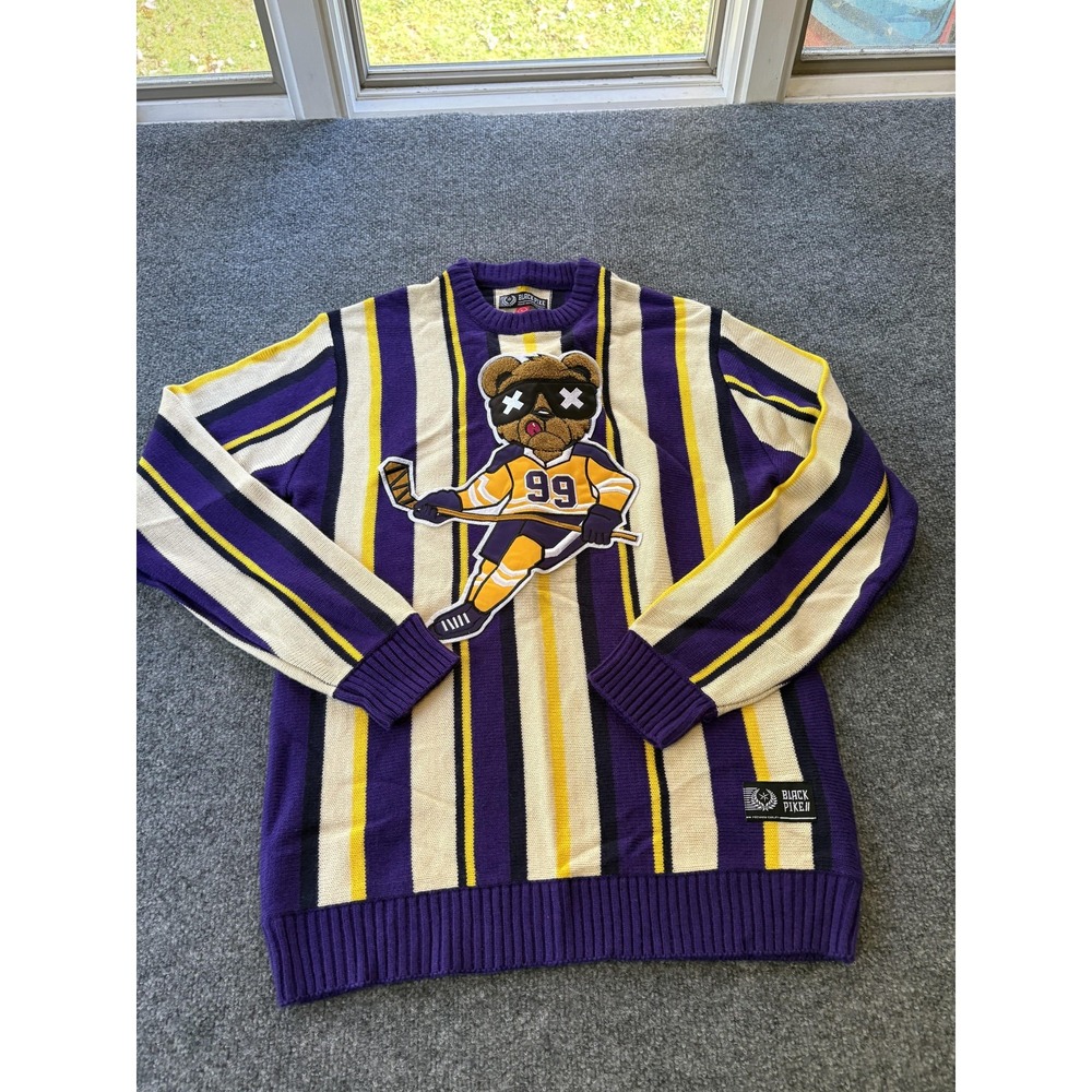 Black Pike Sweater Mens Large Purple Yellow Striped Bear Hockey 99 Crewneck